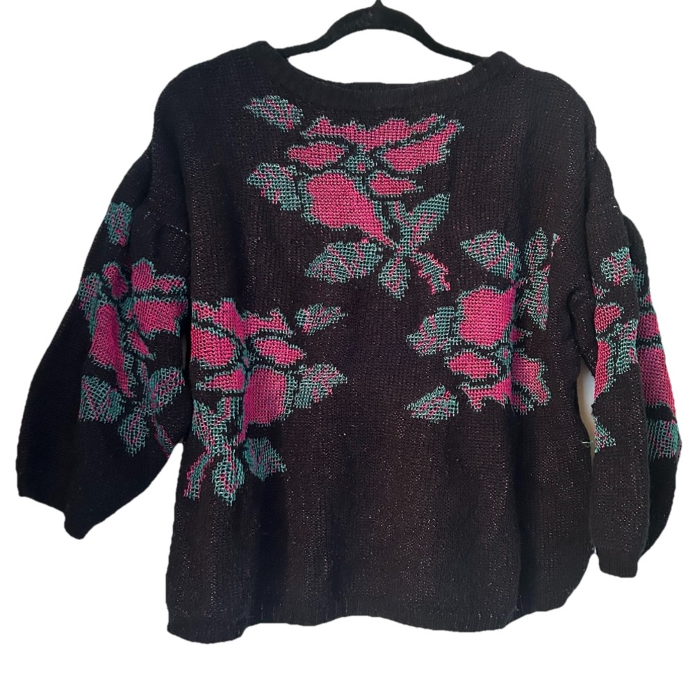 Vintage 1980s Melrose Ave Knit Sweater Black Pink Green Flower Floral 3/4 Sleeve